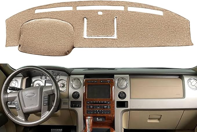 Yiz Dash Cover Mat Custom Fit for Ford F150 Raptor 2009 2010 2011 2012 2013 2014 with Light Sensor Dashboard Cap Pad Carpet Protector(09-14 Beige) J21