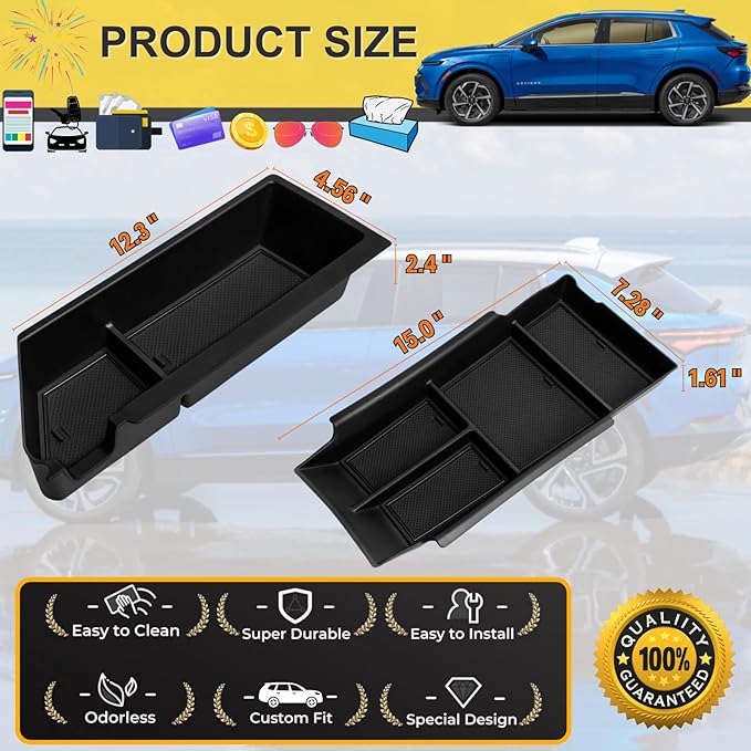 2 Pack Center Console Organizer for 2026 2025 2024 Chevy Equinox EV LT/RS Interior Accessories - Lower Center Console Organizer Tray& Armrest Storage Box - ABS Plastic, Black
