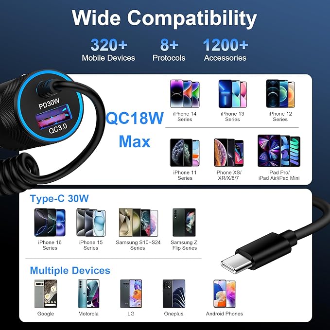 Type C Fast Car Charger for Galaxy A17/A56/A16/S26 Ultra/S26/S25 FE/S25/S24 Ultra/A15/A55/A54/A14 5G Pixel 10a 10 9 8 Pro iPhone 17 16e,QC3.0 18W Car Phone Charger Adapter PD30W USB C Coiled Cable 3FT