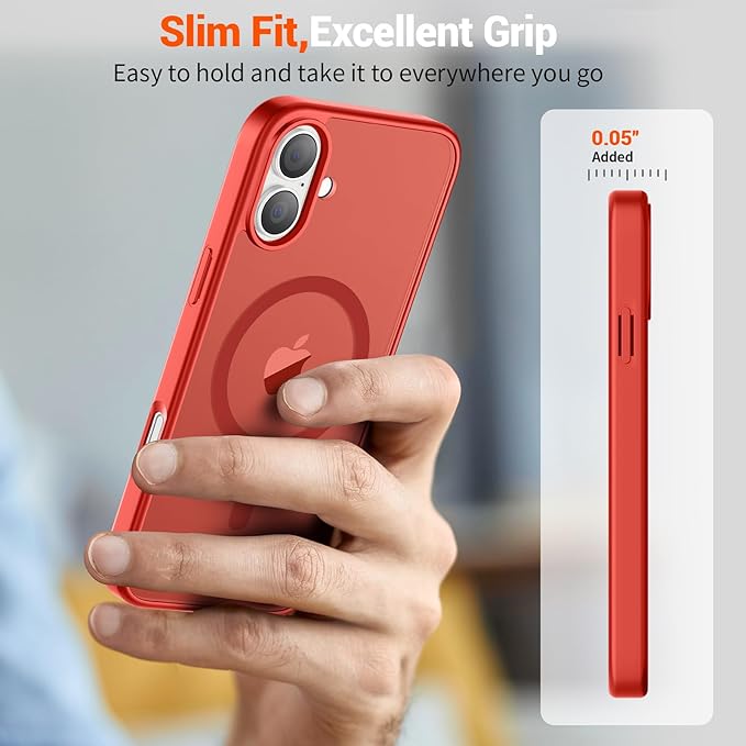SUPFINE Magnetic for iPhone 16 Case (Compatible with MagSafe) (Military Grade Drop Protection) Slim Translucent Matte Shockproof Phone Cover,Red