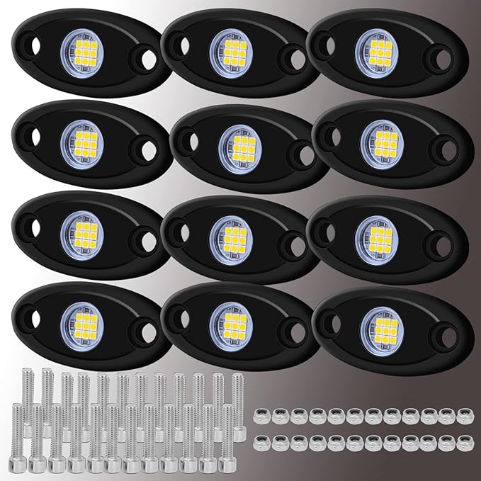 12 Pods LED Rock Lights Neon Underglow Light for Car Truck ATV SUV Under Body Glow Light Trail Fender Lighting (White)