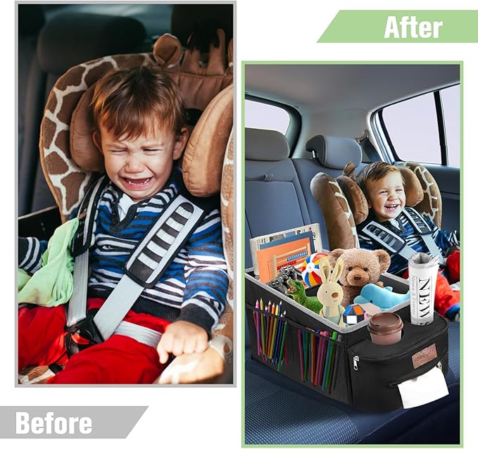 FUNNy elf Car Seat Organizer - Passenger Seat Organizer, Collapsible Car Storage with Partitions & 4 Cup Holders for Front Seat or Back Seat (white)