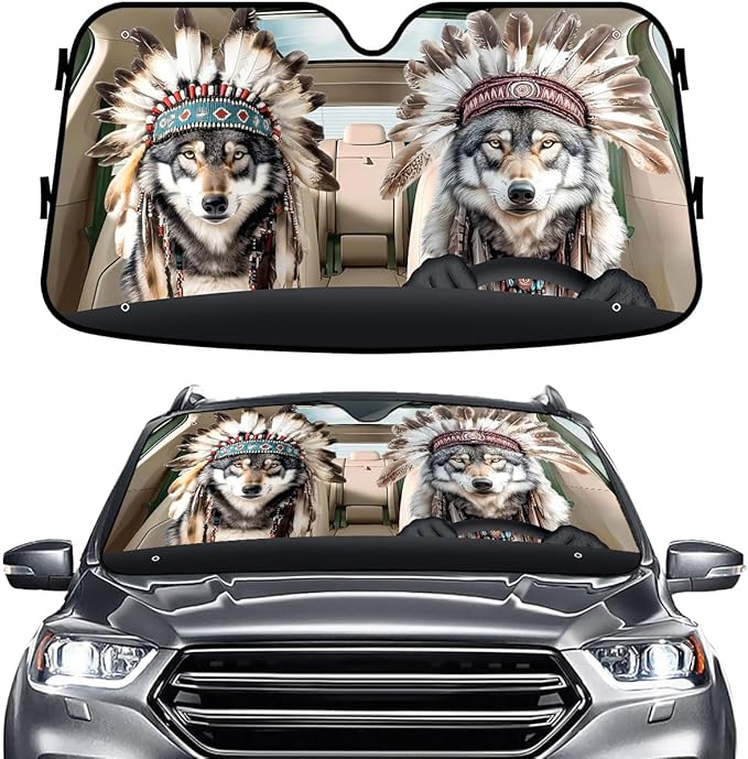 GENANY Wolf Couple Windshield Sun Shade for Car SUV Truck (55x30 Inches), Sun Shade Windshield, Shades for Front Windows, Protector Blocks UV, Spring Car Decor