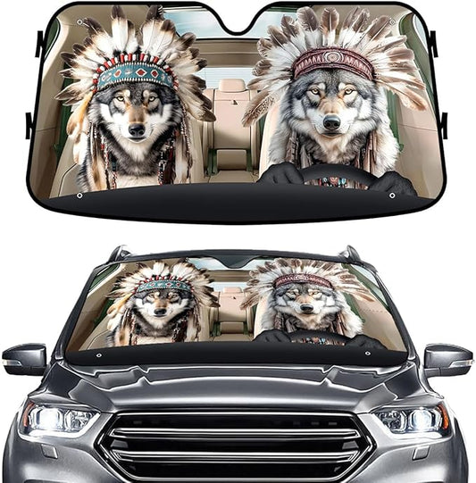 GENANY Wolf Couple Windshield Sun Shade for Car SUV Truck (55x30 Inches), Sun Shade Windshield, Shades for Front Windows, Protector Blocks UV, Spring Car Decor