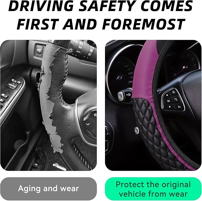 Bling Car Steering Wheel Cover, Diamond Leather Crystal Rhinestones Vehicles Steering Wheel Protector, Sparkling Anti-Slip Automotive Interior Decoration Accessories, Universal Fit (Purple)