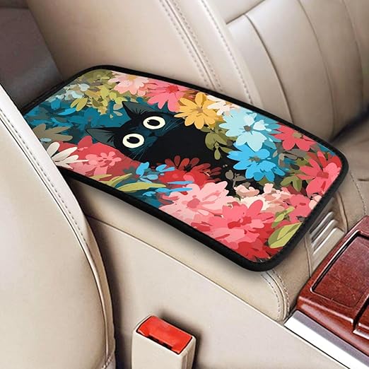 Black Cat Big Eyes Colorful Flowers Car Auto Armrest Cushion Cover Accessories Center Console Seat Box Pad Protector Universal Decoration for Most Vehicle SUV Truck