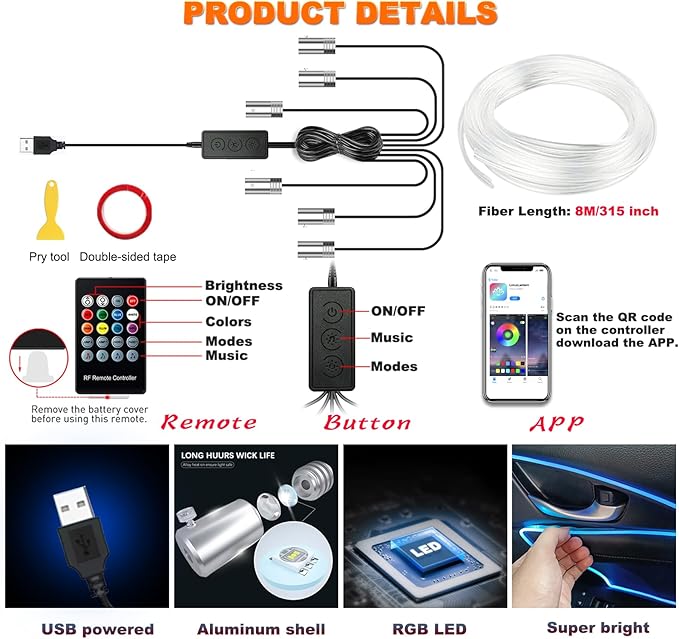 Jushope Car LED Lights, Interior Car Lights with Wireless APP/RF Remote/Button Control, Car Ambient Lighting Kit with 315" Integrated Molding Fiber Optic RGB Sync to Music (6 in 1-USB)