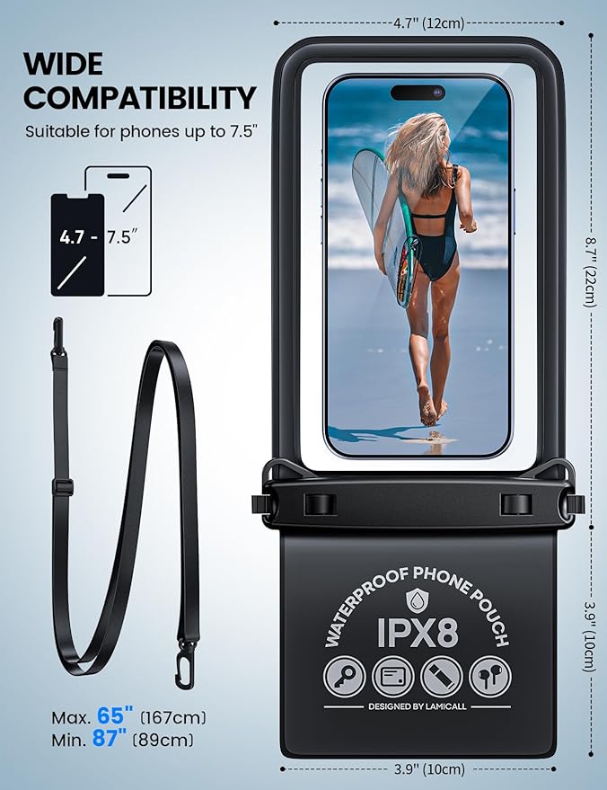 Lamicall Double Pocket Waterproof Phone Pouch - IPX8 Dry Bag - Privacy Storage for Card & Key - Cruise Ship, Beach Essentials for iPhone 17 16 15 Pro Max, Galaxy S25, for Bulky Cases to 7.5", Mom Gift