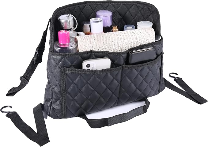 Car Pocket Handbag Holder - Leather Seat Back Organizer Barrier for Backseat Pet, Kids - Black
