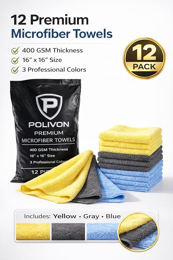 Premium Microfiber Towel for Cars 12 Pack, 400GSM, Quick-Dry, Scratch-Free, High and Low Pile Surface, Gray, Yellow, Blue,16 x 16 Inches, for Car Detailing and Household Use