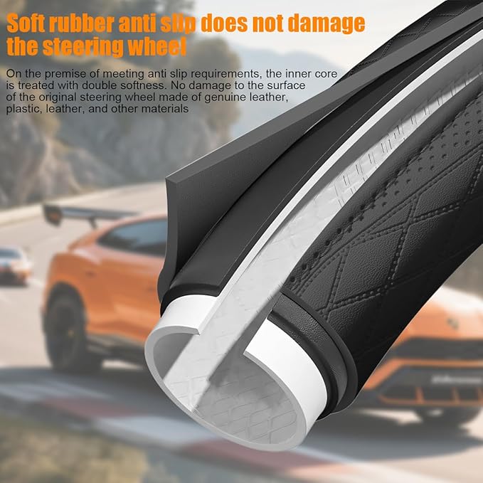 Car Steering Wheel Cover, 14.5-15" Breathable Soft Leather Vehicle Steering Wheel Protector with Anti-Slip Lining, Comfortable Auto Interior Decoration Accessories, Universal Fit (Black)