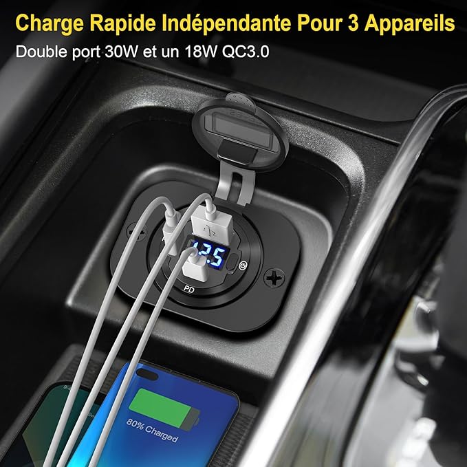 Qidoe 78W 3 Port USB C 12V Outlet Dual PD 30W & 18W USB A Port with Voltmeter Lengthened Aluminum Body Switch Waterproof Car Charger Socket for Car, Boat, Marine, RV