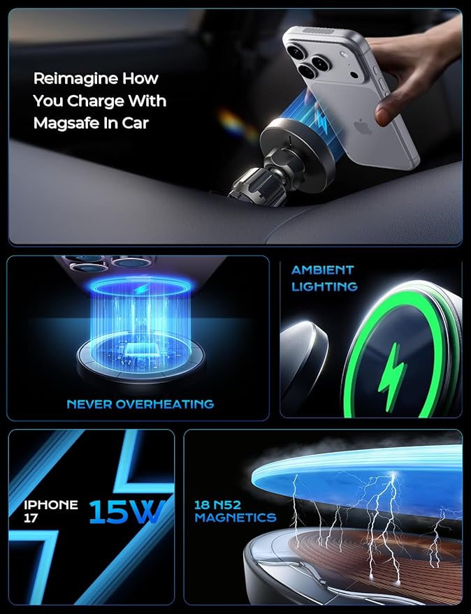 LISEN for Qi2 Car Charger [Pro with Higher Charge Speed],Super Fast Magnetic Car Phone Holder, Qi2 MagSafe Charger Mount for iPhone 17 Pro Max Plus Air 16 15 14 13, Samsung S25/24 with MagSafe Case