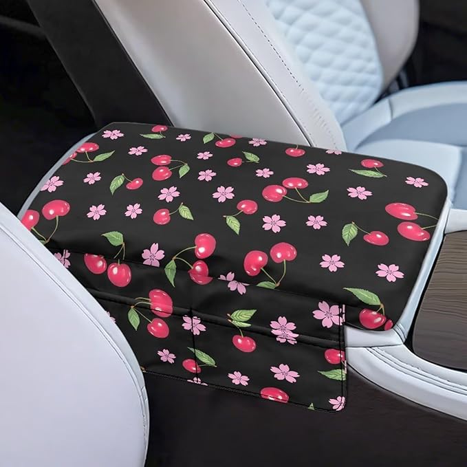 Dreaweet Cherry Print Arm Rest Cover for Car Women Black Thick Center Console Cover Pad with Pockets Cute Car Accessories Anti-Scratch Armrest Cover for Cars SUV Sedan