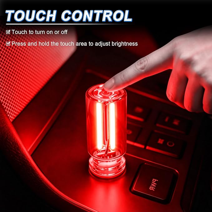 iFunyLED Car Interior USB LED Night Light, Portable Touch dimmable Car Ambient Lighting Kit, Retro Mini Transparent Glass Bottle Lamp Decorations for Vehicle Camping Bedroom Hallway, Pack of 2(Red)