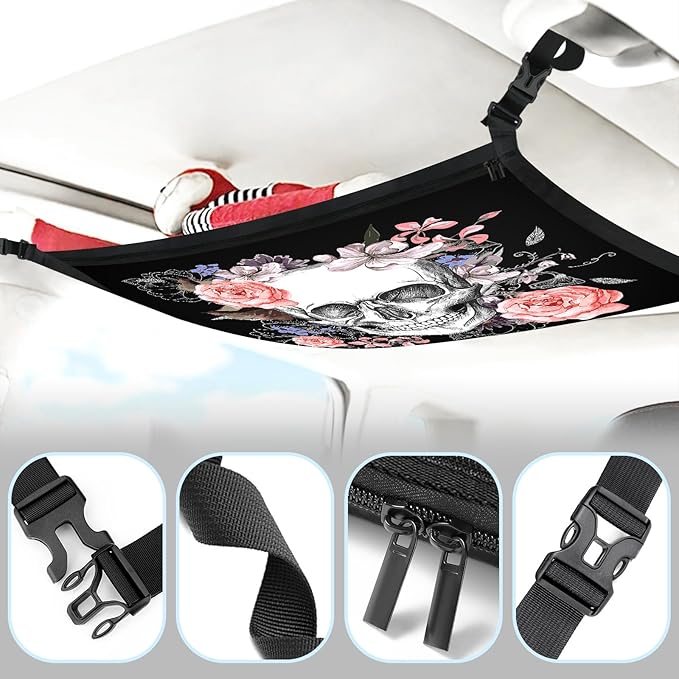 Skull Car Ceiling Cargo Net Pocket Hanging Storage Bag with Zipper 31.5"x21.6" Double-Layer Mesh Car Roof Storage Organizer Long Road Trip Truck SUV Travel Camping