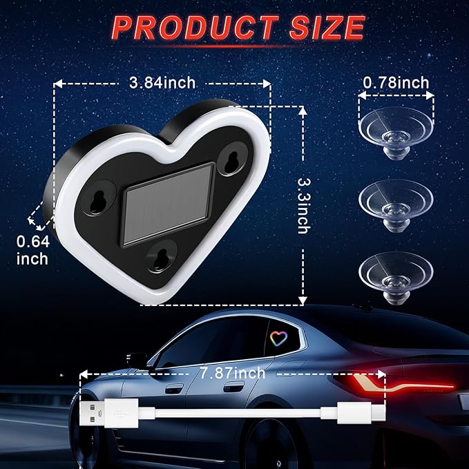 iFunyLED Car LED Interior Lights, Heart-Shaped Ambient Light for Windows, 8 Lighting Modes, Charging Through Type-c and Solar Energy, Car Decorations for Women Men, Pack of 1, (Multicolor)