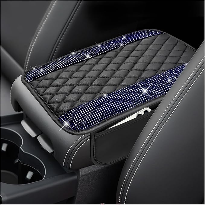 Sun Walker Bling Car Center Console Cover, Anti-Scratch Car Armrest Seat Box Cushion Pad with 2 Storage Bags, Leather Middle Console Protector Crystal Interior Accessories for Most Cars (Blue)