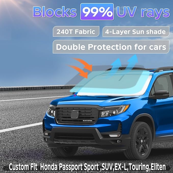 Sun Shade Sunshade for Honda Passport 2019-2024 2025 Windshield Cover, 4-Layers Sun Shield 250T Silver Sun Visor Foldable Front Window Shade for Passport Sport,SUV,EX-L,Touring,Eliten Car Accessories