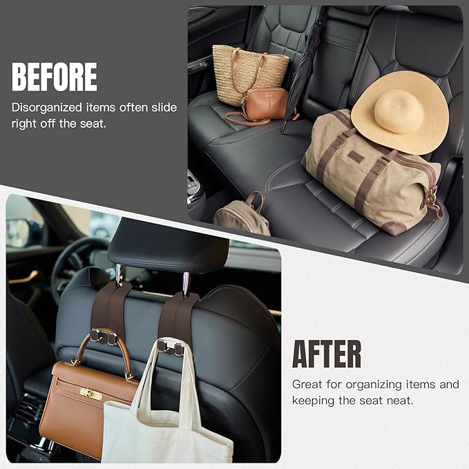 2PCS Car Hooks for Headrest, Faux Leather Purse Hook for Car Seat Back Organizers and Storage, Double Metal Purse Holder Bag Hanger, Universal Car Interior Accessories for Women Man