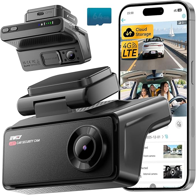 IIWEY 4G LTE Dash Cam with Live-Streaming, Anti-Theft Car Security Camera, Instant Alert via App, Cloud & SD Storage, 2K+1080P Front Inside, No Screen, IR Night Vision, 24/7 Parking Mode, GPS, OBD