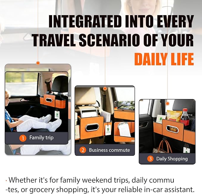 Car Backseat Organizer Multifunction Storage Box Vehicle Seat Accessories Cup Tissue Trash Hooks Phone Snack Drink Handbag Leather Interior Utility Portable Durable Easy Installation Secure(Orange)