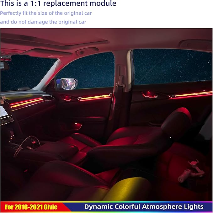 Ambient Lighting Kit Custom for 10th Gen Honda Civic - 256 Color LED Interior Car Lights with Carbon Fiber Trim, APP Control, Plug-&-Play Installation for Doors/Dashboard/Footwell (2016-2021)