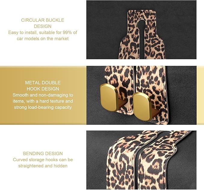 2 PCS Car Seat Back Storage Headrest Hooks, Multi-function Backseat Hanging Organizer for Bag & Phone, Leopard Print Suede Leather Hook, Hidden Storage Accessory for Cars (Brown)