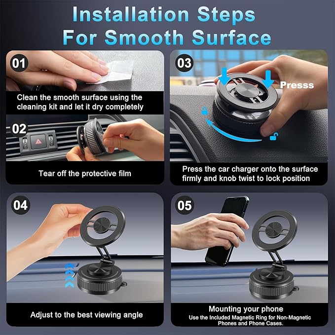 Vacuum Magnetic Phone Holder for Car, 360° Ajustable Car Holders for Magsafe,Ultra Strong Suction Cup Phone Mount, Foldable Cell Phone Holders for Car/Gym/Mirror Bracket for iPhone & Android