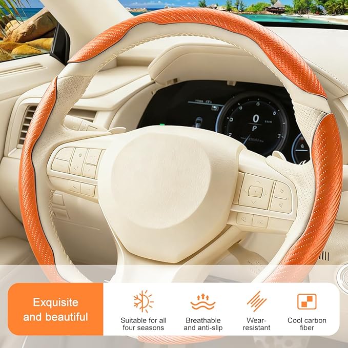 3PCS Carbon Fiber Car Steering Wheel Cover, Leather Segmented Anti-Skid Steering Wheel Protector, Snap on Automotive Interior Protection Accessories, Universal for Vehicles (Orange)