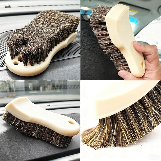 Leather Cleaning Brush for Car Interior, Long Bristle Horse Hair Vehicle Leather Cleaner Brush, Scratch-Free Automotive Interior Seat Cleaner, Universal for Vehicles (Beige)