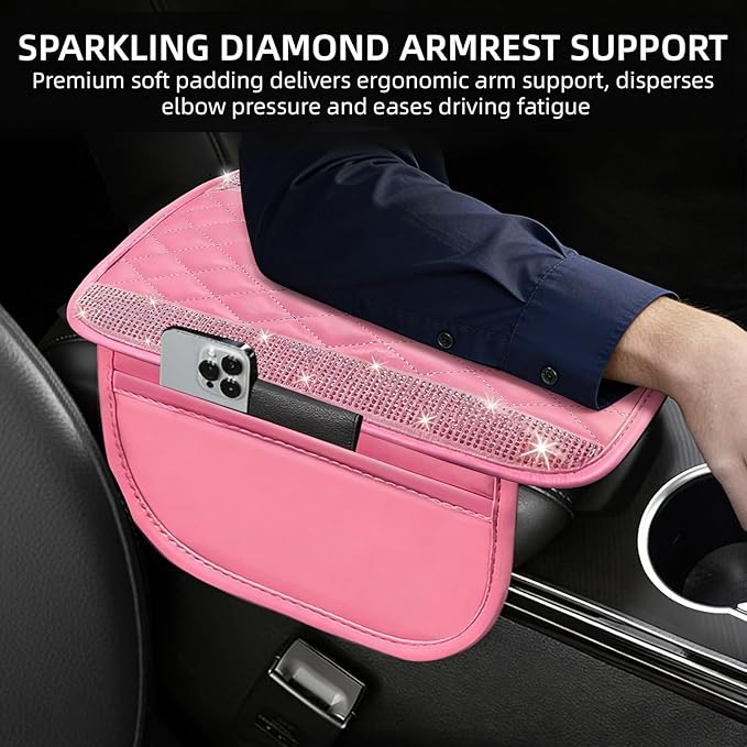 NBTEPEM Bling Pink Car Center Console Cover, Leather Car Arm Rest Cover with 2 Storage Bags, Universal Auto Armrest Protector Storage Box, Pink Bling Accessories Interior for Most Vehicles