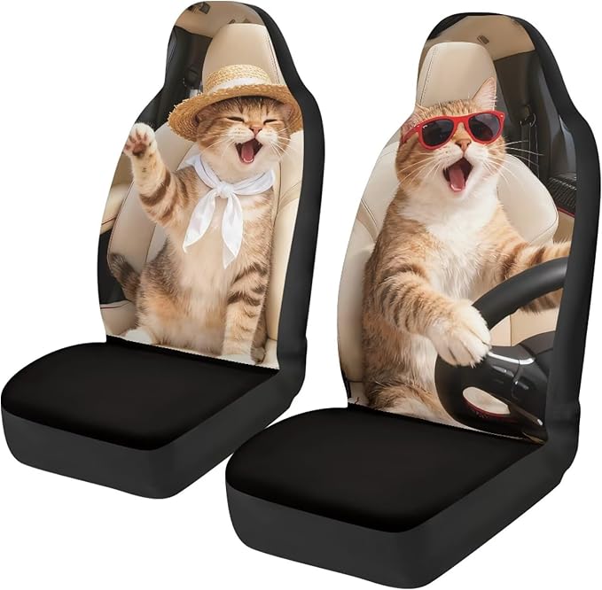 Cat Driving Car Seat Covers 2 Pcs Cute Car Seat Covers Front Seats Only Easy to Install and Clean Protection Interior Accessories Universal Fit for Most Cars SUVs and Sedans