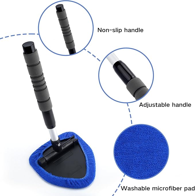 9PCS Windshield Cleaning Tool, 180° Rotating Extendable Car Window Cleaner, Auto Glass Wiper Kit Includes 6 Reusable Microfiber Pads, 1 Spray Bottle, 1 Air Conditioning Brush