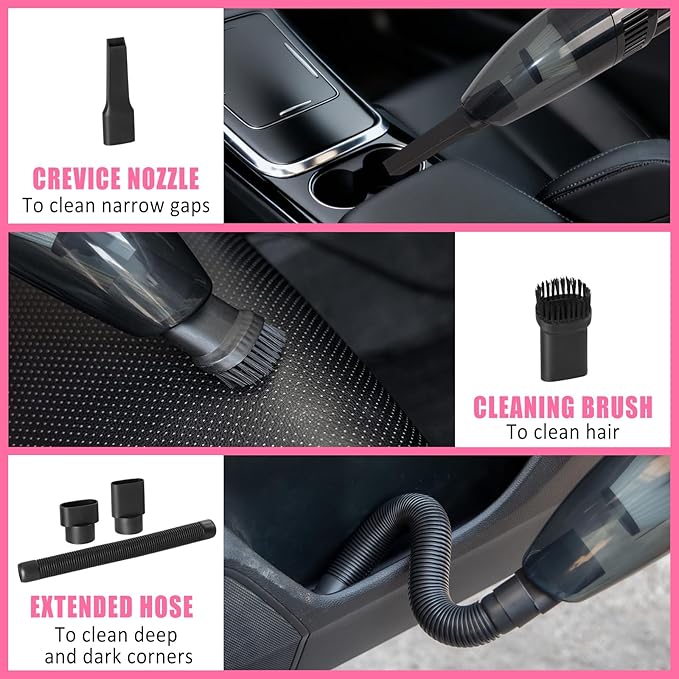 AUTODECO Car Cleaning Kit, Car Vacuum Interior Detailing Cleaner Kit with High Power Handheld Vacuum, Brush Set, Windshield Tool, Duster, Towels, Complete Car Care Tools for Women (Pink)