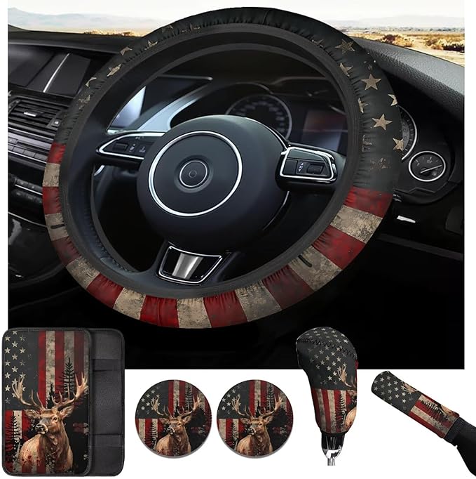 American Flag Vintage Car Steering Wheel Cover Set 6 Pcs Animal Elk Print Cup Holder Armrest Pad Gear Shift Cover,Car Handbrake Covers Auto Accessories for Men