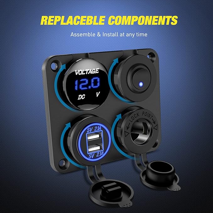 Nilight 4 in 1 ON OFF Charger Socket Panel Dual USB Charger Power Outlet LED Voltmeter Cigarette Lighter Socket LED On Off Rocker Toggle Switch for Truck Car Marine Boats RV, 2 Yeas Warranty