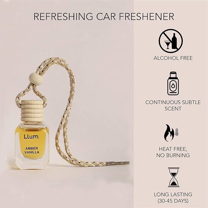Llum Amber Vanilla Hanging Car Air Freshener – Luxury Automotive Perfume Diffuser 10ml (0.34 fl oz), Long-Lasting Fragrance, Alcohol-Free Non-Toxic Car Scent, Glass Bottle With Wood Cap