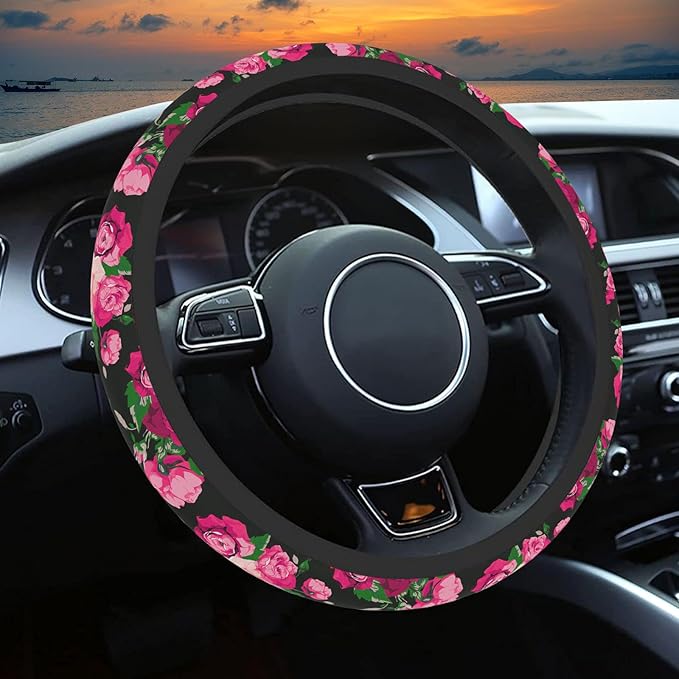 Red Rose Steering Wheel Cover, Cute Print Steering Wheel Cover Protector, Ultra-Thin with Personalized Pattern Design, Car Accessories for Women, for Steering Wheel with a Diameter of 14.5"-15"