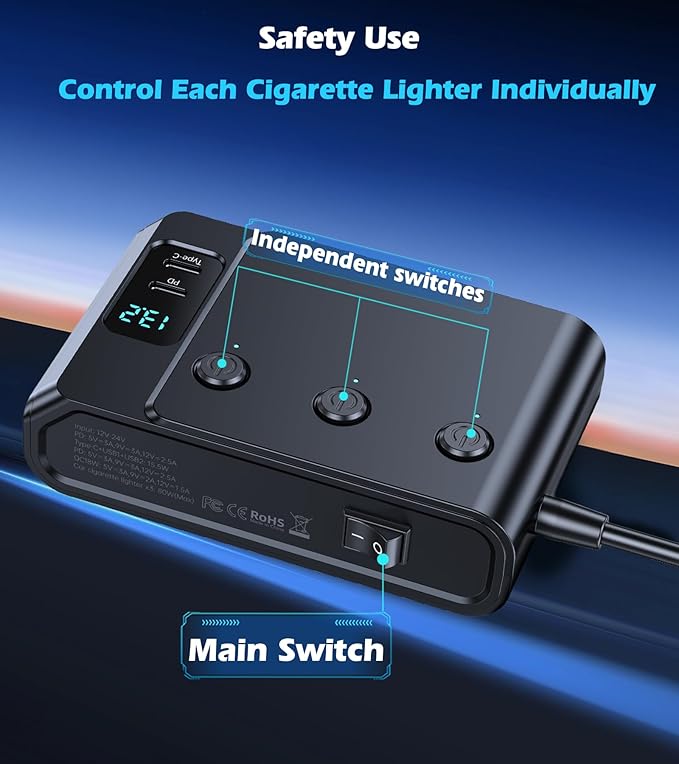 9 in 1 Cigarette Lighter Splitter, USB C Car Charger Adapter with PD30W, 3 Sockets with Independent Switches, LED Voltmeter 12V Power Outlet TSNAM