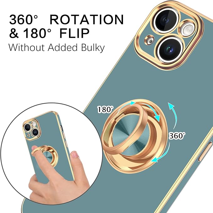 VENINGO iPhone 14 Case,Phone Cases for iPhone 14,Slim Fit Soft 360° Ring Holder Kickstand Magnetic Car Mount Supported Easy Clean Shockproof Protective Cover for Apple iPhone 14 6.1", Blue Grey/Golden