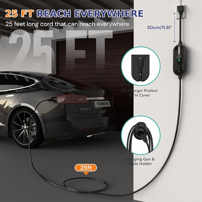 AIMILER Level 2 Tesla Charger(WiFi APP), 32A, 25ft Cable ETL Certified, 220V-240V NEMA 14-50P Plug EVSE w/Nacs Connector, Portable/Home Electric Car(EV) Charger for Tesla Model X/Y/3/S or Nacs EVs