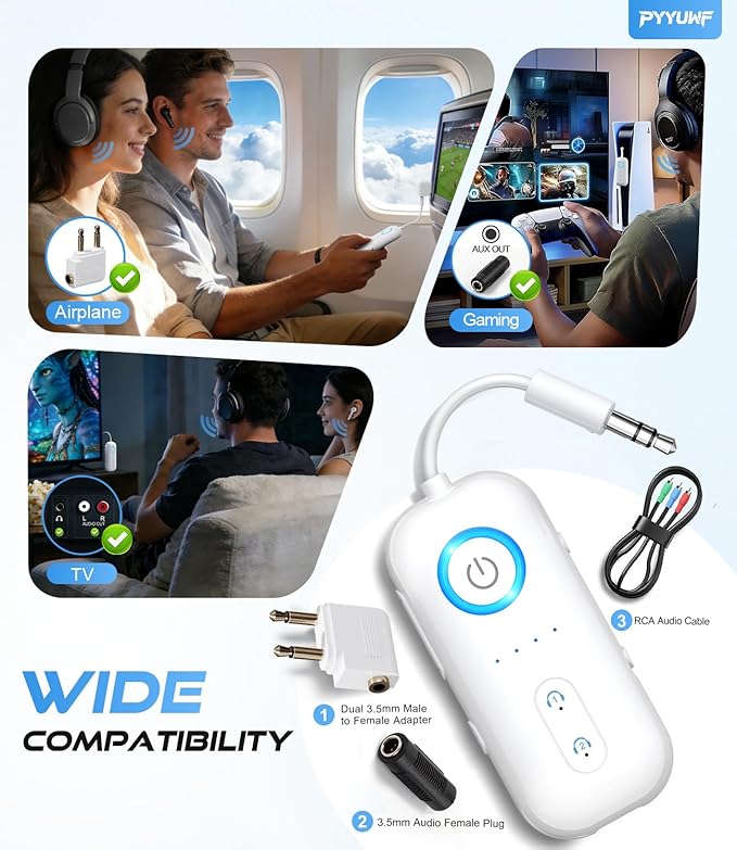 Bluetooth 5.4 Transmitter Receiver, Audio Adapter for Airplane Gadgets - for 2 AirPods/Headphones, 20H Battery, aptX Low Latency, 3.5mm AUX Jack Wireless Adapter for Car/TV/Home, for Travel Essentials
