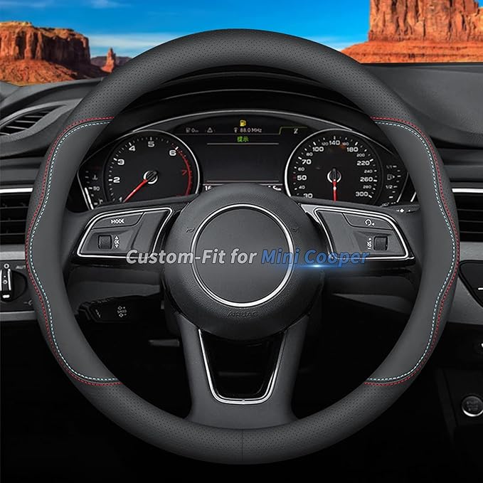 Custom-Fit for Mini Steering Wheel Cover, Premium Leather Car Steering Wheel Cover with Logo, Non-Slip, Breathable, for Mini Accessories (A-Style,for Mini Cooper)
