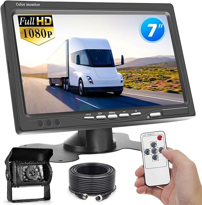 Hikity Vehicle Backup Camera 7" Monitor Kit, 18 IR Night Vision Waterproof Rear View Camera Reverse Monitor for RVs,Bus, Trailer, Truck (65ft 4 Pins Aviation Extension Cable)