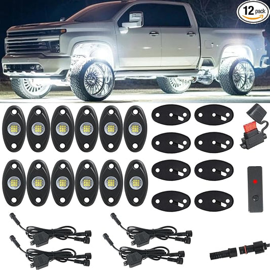 12pods White Rock Lights Dc 12v 6000k Aluminum Alloy Pure White Led Rock Lights with Switch Wiring Harness Kit Ip68 Waterproof for Trucks Pickup Off-Road Cars SUV Utv ATV Rv RZR Underglow Lights
