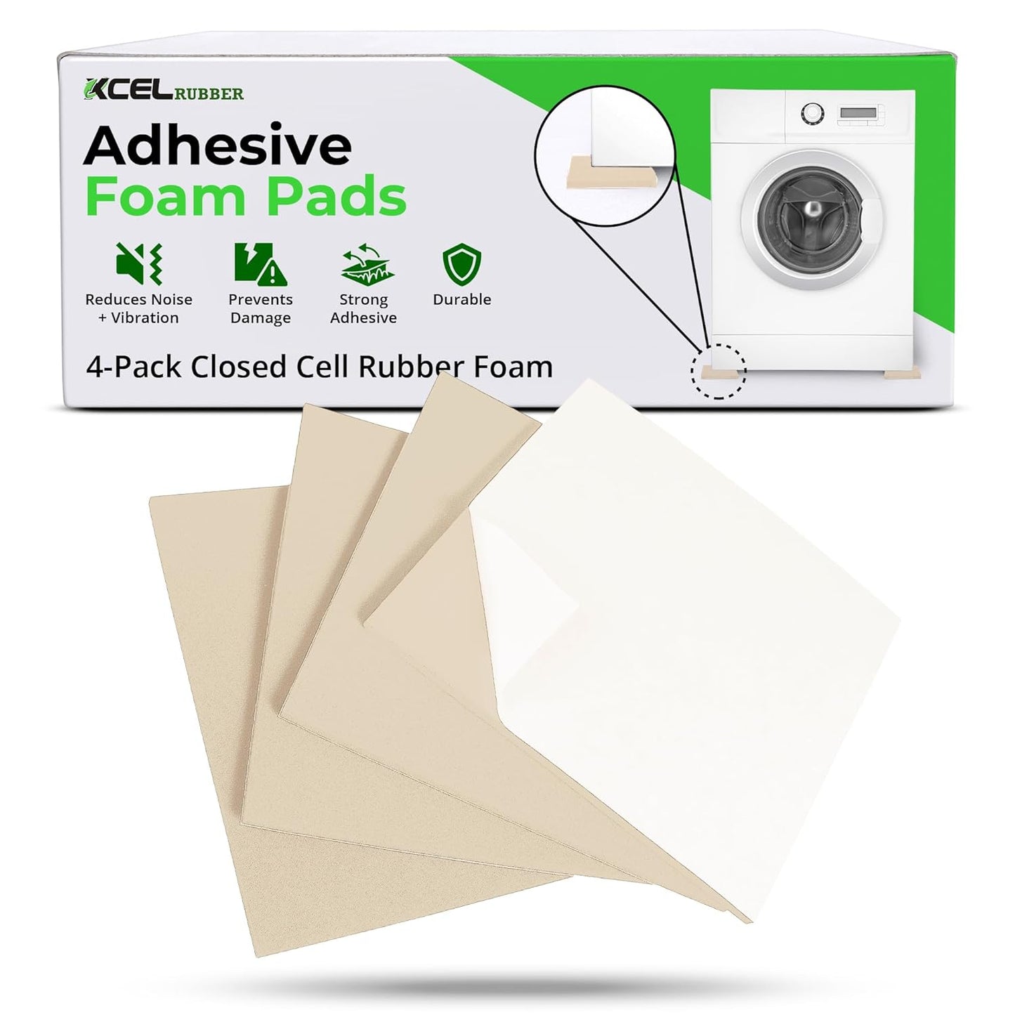 XCEL Equipment Pads, Anti Vibration Non Slip Furniture Pads Customizable Acoustic Foam Rubber Pads Versatile Adhesive and Non-Adhesive (12" x 12" x 1/4" (4 Pack), Cream- Adhesive One Side)