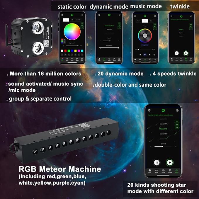 AZIMOM Updated Dual Color 50W Twinkle Fiber Optic Starlight Kits 2000pcs*0.03in*16.4ft, RGB Meteor Shooting Star, Sound Activated APP/Remote Control Theater Ceiling Home Shop Car Lobby Roof Decor