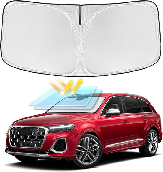 for Audi Q7 2016-2026 Windshield Sun Shade - 4 Layers Car Sunshades for Front Windows Shade Cover Custom Fit Q7 SUV Sun Visor 250T Retractable Shade Blocks UV Rays Car Accessories