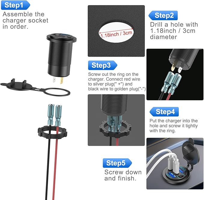 78W 4 Port 12V USB Outlet Car Charger, Super Fast Dual PD3.0 & QC3.0 Multiple USB Port for Car, USB C Cigarette Lighter Replacement 12 Volt Socket Waterproof for Marine Boat Motorcycle RV Golf Cart